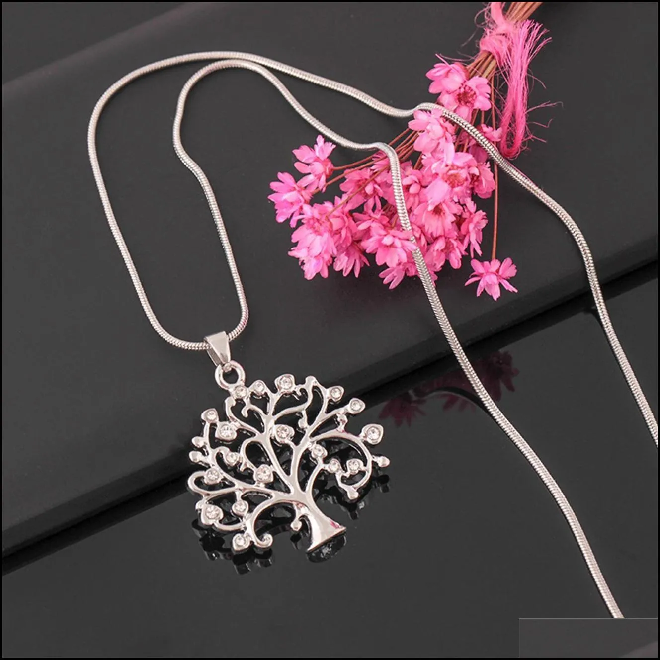 tree of life pendant necklace women chic jewelry crystal statement necklaces pendants christmas gifts bijoux rose gold long chain