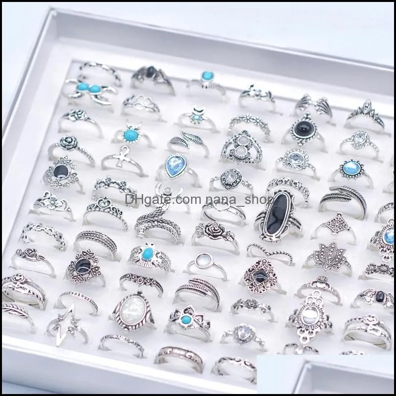 bulk 100pcs lots bohemia crystal vintage rings mix size antique silver ethnic women fashion charm jewelry gifts finger accessories