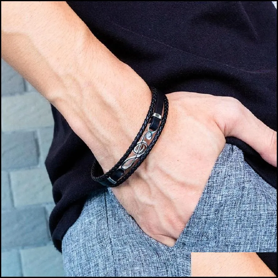 mens black charm leather braided bracelets clasp fashion music note design hip hop jewelry punk men handmade bracelet for gift209q
