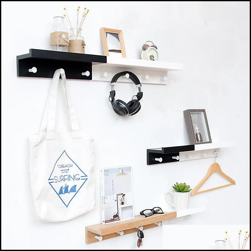 creative wall hanging solid wood hook rack nordic partition shelf wall shelves coat hooks diy living room home decor key hook t200115