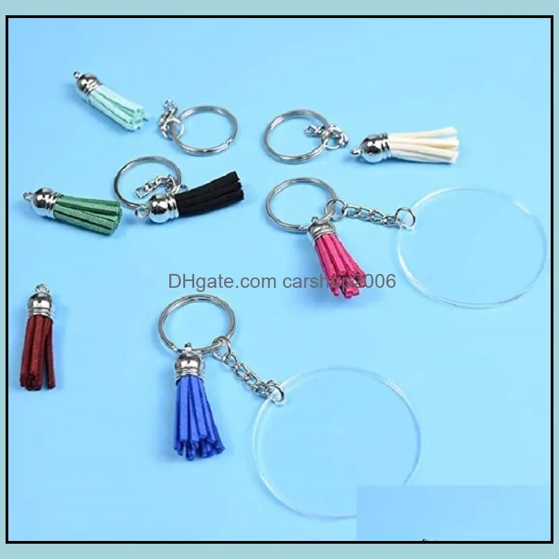 20pcs/lot acrylic keychain blanks transparent round clear discs circles metal split key chain rings with leather tassel pendant for diy and