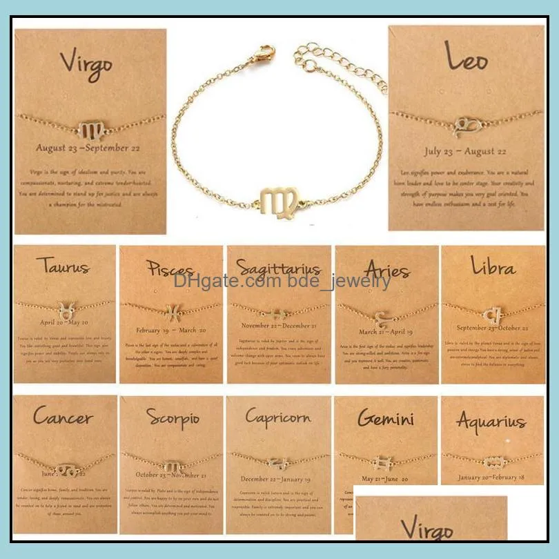 12 constellations charm bracelets with card zodiac horoscope pattern chain bracelet fashion jewelry gifts for women wholesale