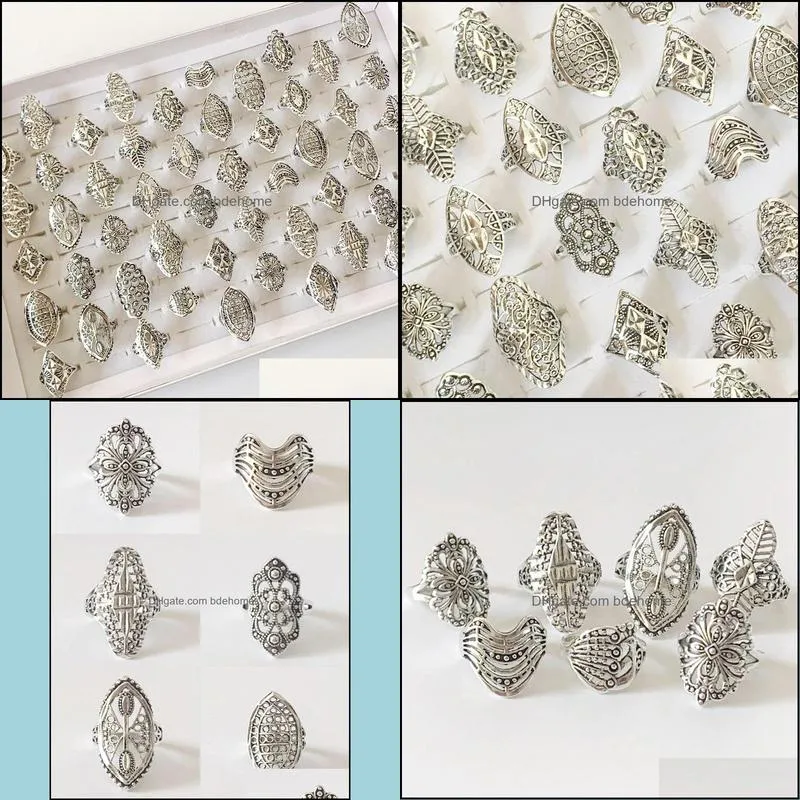 bulk lots 25pcs mix style vintage carved flower silver plated ring women party gifts alloy charm jewelry