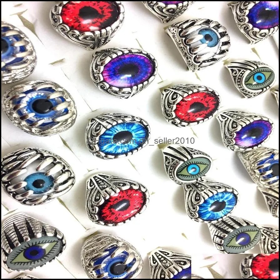 wholesale 30pcs mix eye ball silver plated pattern rings jewelry finger unisex man women punk biker fashion