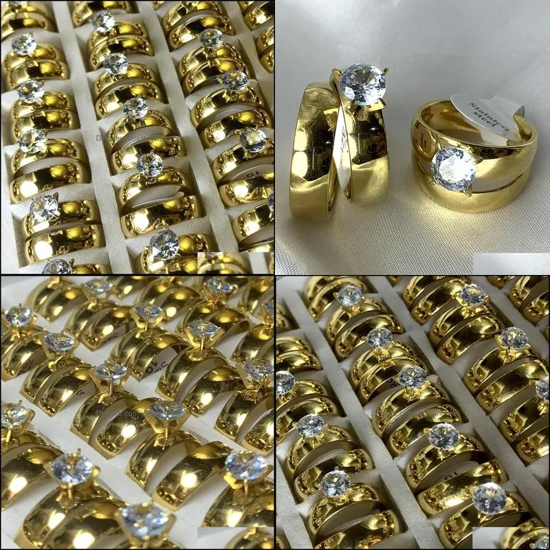 wholesale 36pcs gold crystal stainless steel gemstone couple rings charm fashion paar verlobungring couples gifts women men jewelry