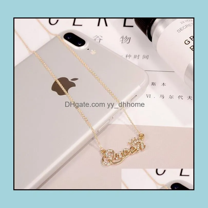 gold silver queen crown chain necklace zircon crystal letter necklace women fashion jewelry birthday gift 3 color for choice ship