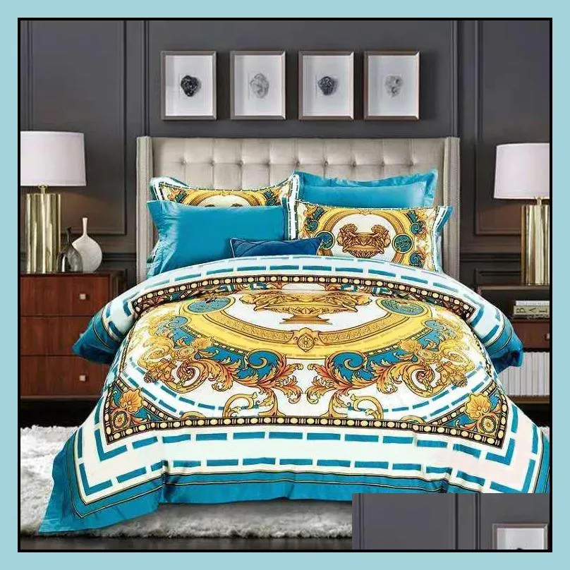 highend french italy design yellow pattern print 4pcs king queen size quilts white blue gold bed sheet luxury bedding sets t200826