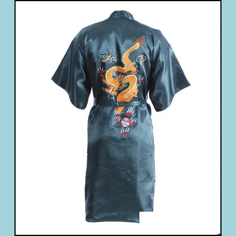 black chinese mens satin silk robe embroidery dragon kimono bath gown unisex loose bathrobe size m l xl xxl xxxl d0317 t200420