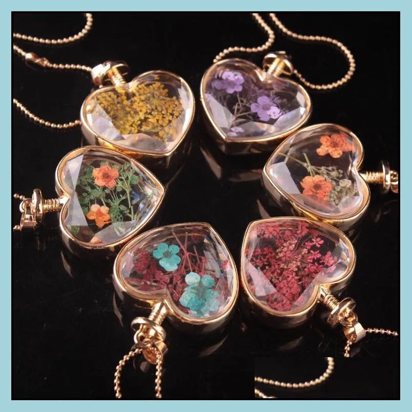 flower necklace heart pendants aromatherapy pendant necklaces jewelry dry flowers perfume vial bottle pendants necklace
