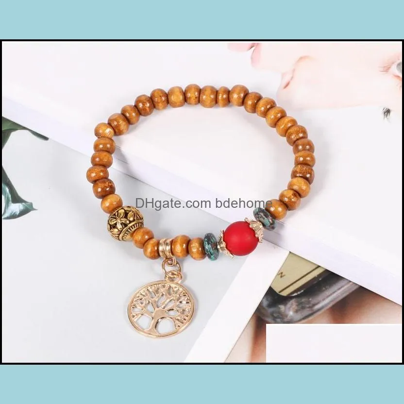 4pcs/lot vintage tree of life beads strands charm bracelets set for women wooden wood elasticity chains bangle fashion bohemian