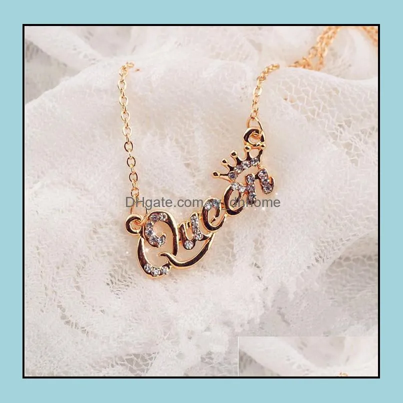 gold silver queen crown chain necklace zircon crystal letter necklace women fashion jewelry birthday gift 3 color for choice ship