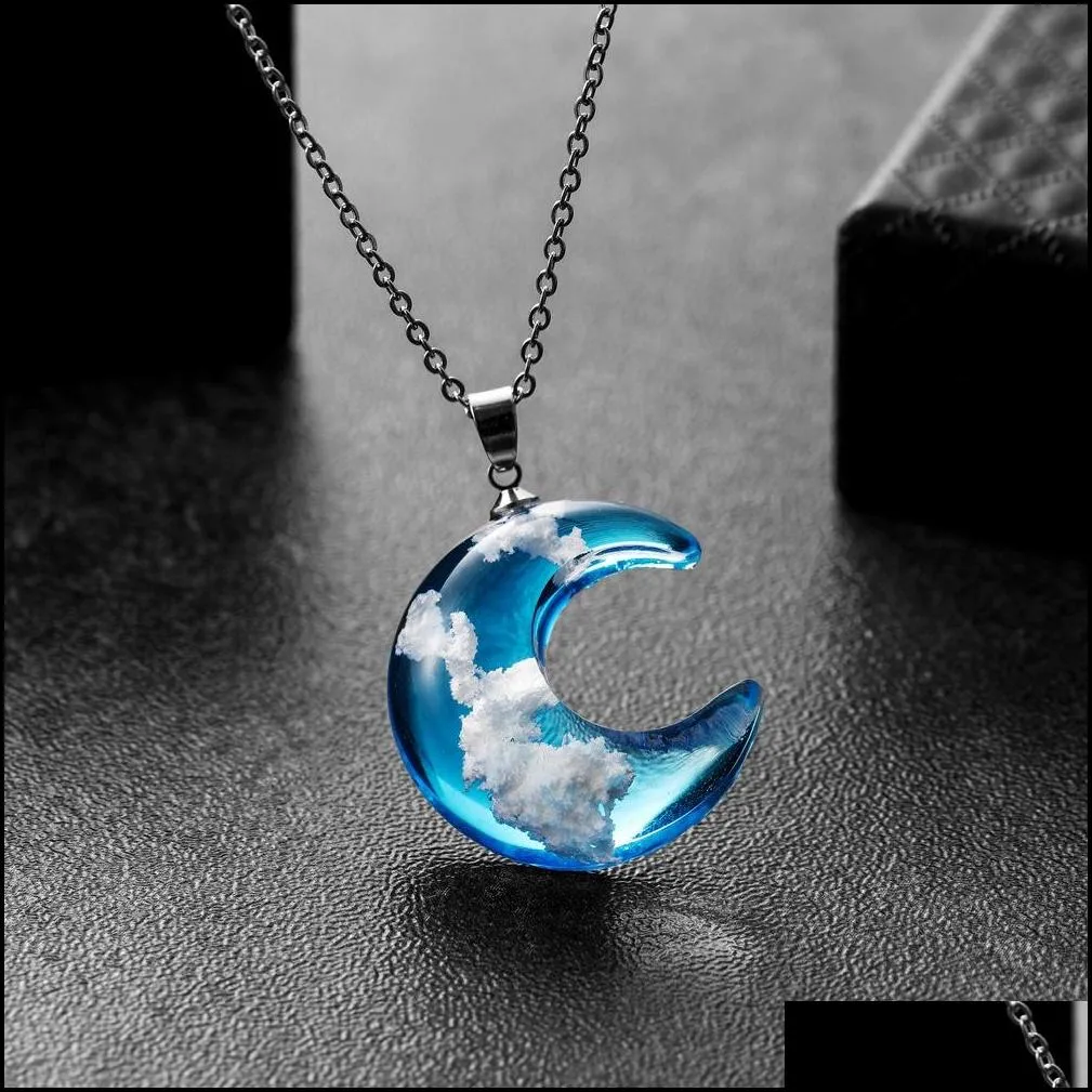 crystal glass necklace moon pendant blue sky white cloud transparent resin moon pendants necklaces women fashion jewelry gift