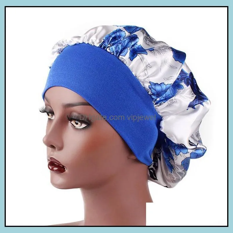 women satin night sleep cap hair bonnet hat silk head cover wide elastic band shower caps 18 colors