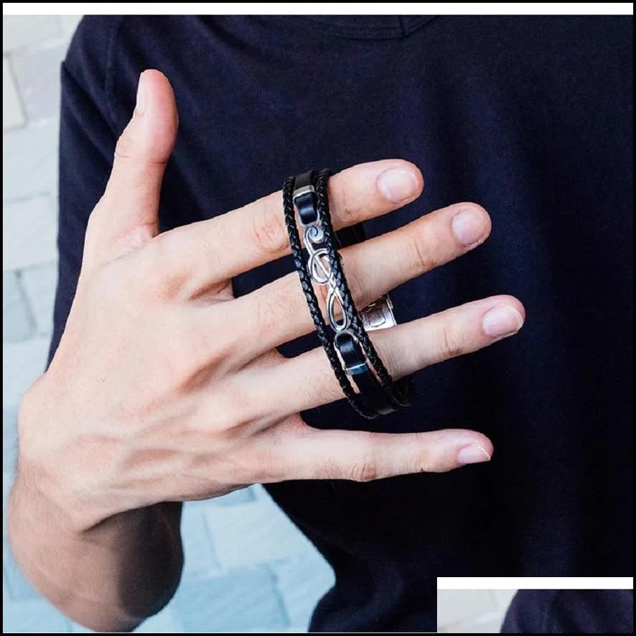 mens black charm leather braided bracelets clasp fashion music note design hip hop jewelry punk men handmade bracelet for gift209q