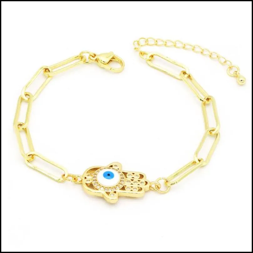 real gold plated cz fatima hand evil eye charm copper chain bracelet jewelry for man woman