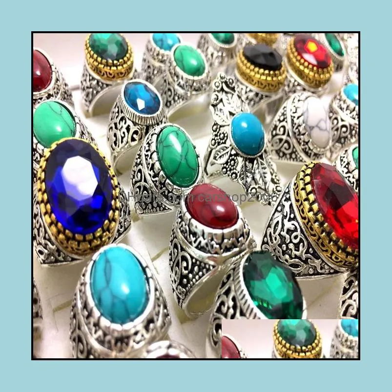 30pcs turquoise alloy rings jewelry finger ring crystal men women punk biker fashion assorted style wholesale