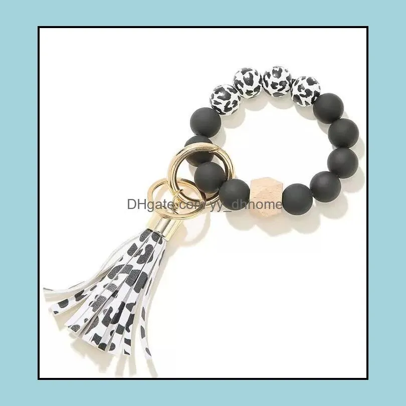 black frosted wooden beads bracelet keychain key chain pattern tassel pendant bracelets key ring keyring wrist strap accessories