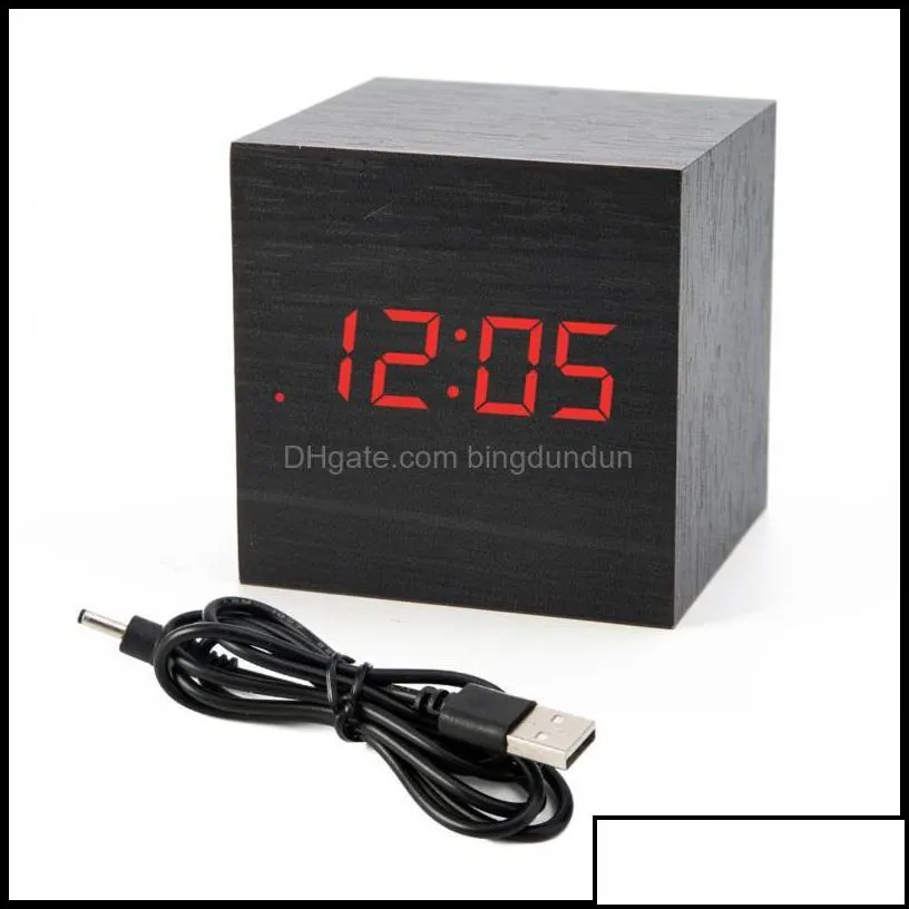 Desk Table Clocks Home Decor Garden Mini Digital Wooden Led Alarm Clock Wood Retro Glow Desktop Voice Control Sn Function Calender Drop