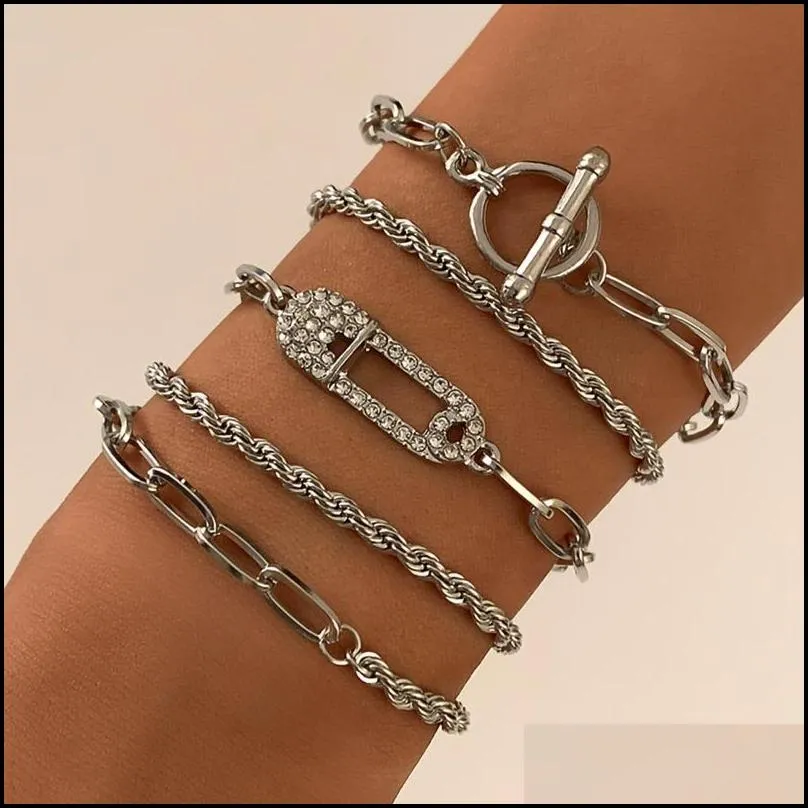 charm bracelets ingesight z 5pcs/set twisted metal rope chain bangles multi layered rhinestones crystal toggle lasso jewelrycharm