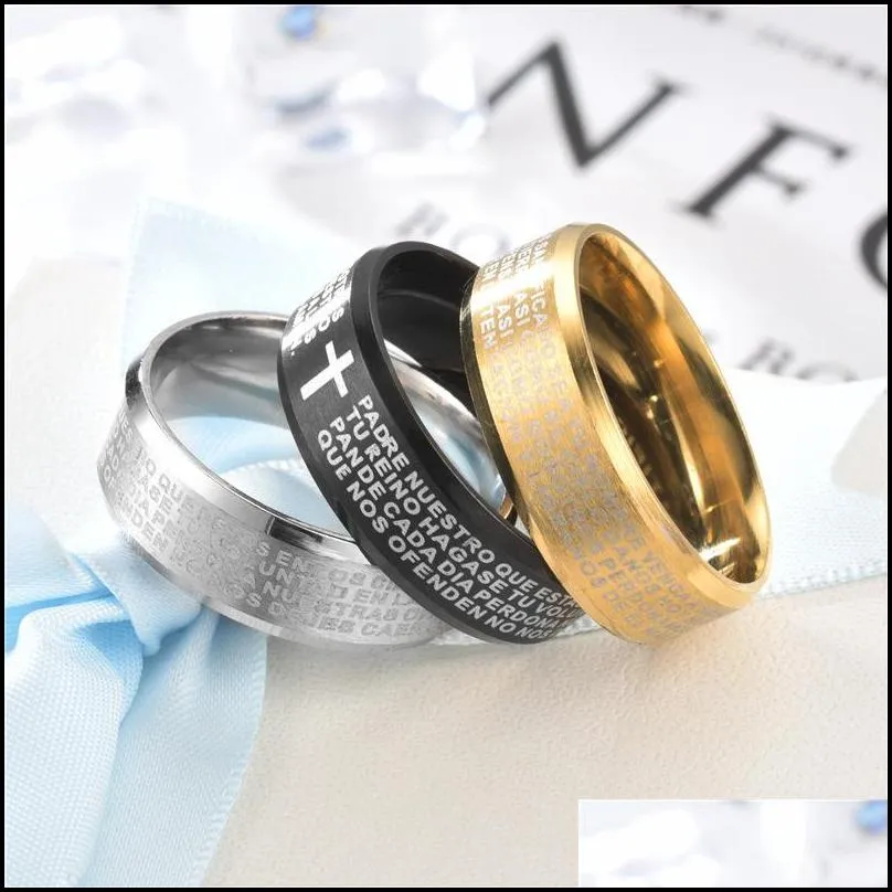 spain jewelry lords prayer bible scripture stainless steel ring titanium mens rings black gold silver fashion jewellery wholesale