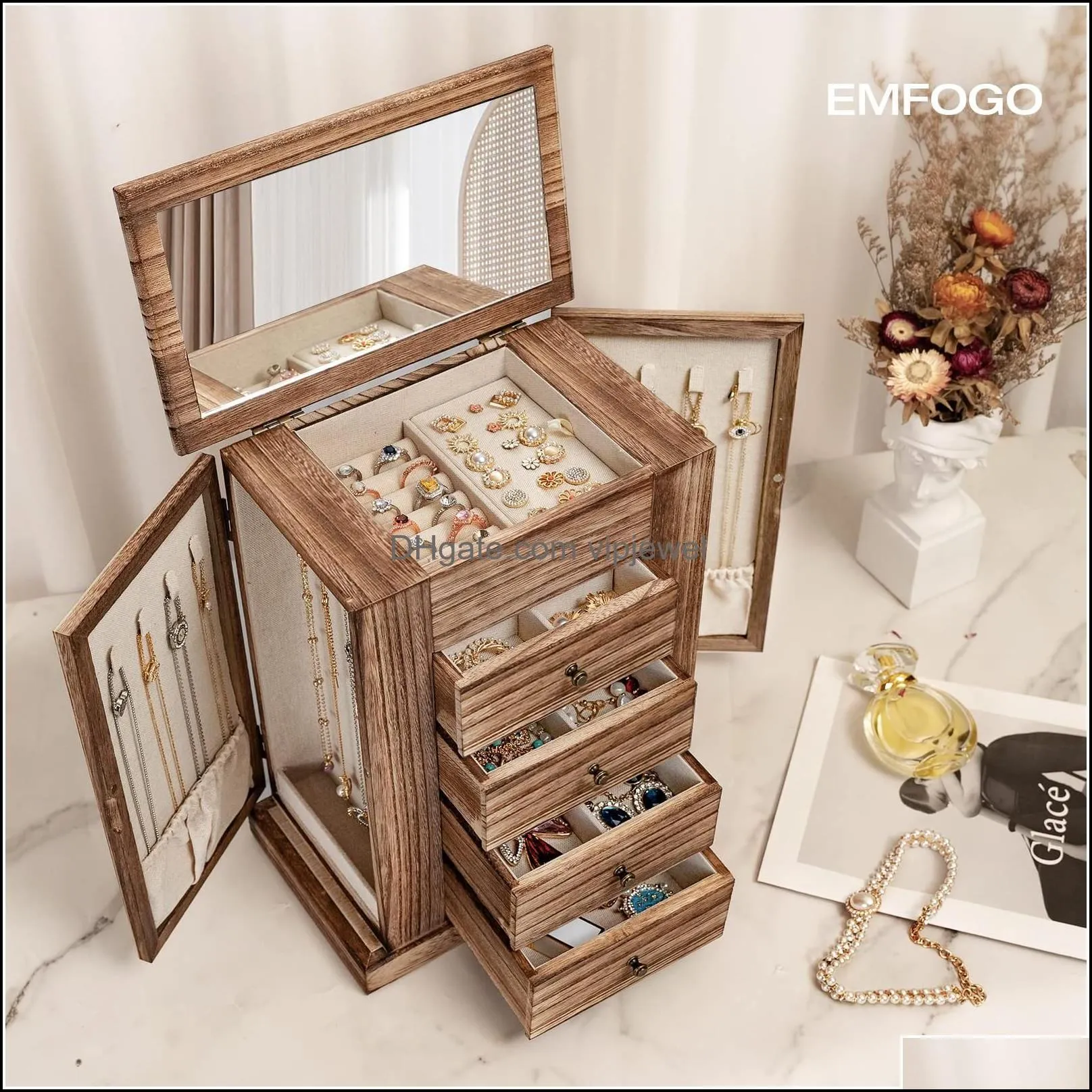 jewelry boxes emfogo box for women 5 layer large wood organizers necklaces earrings rings bracelets rustic organizer with ders and mi