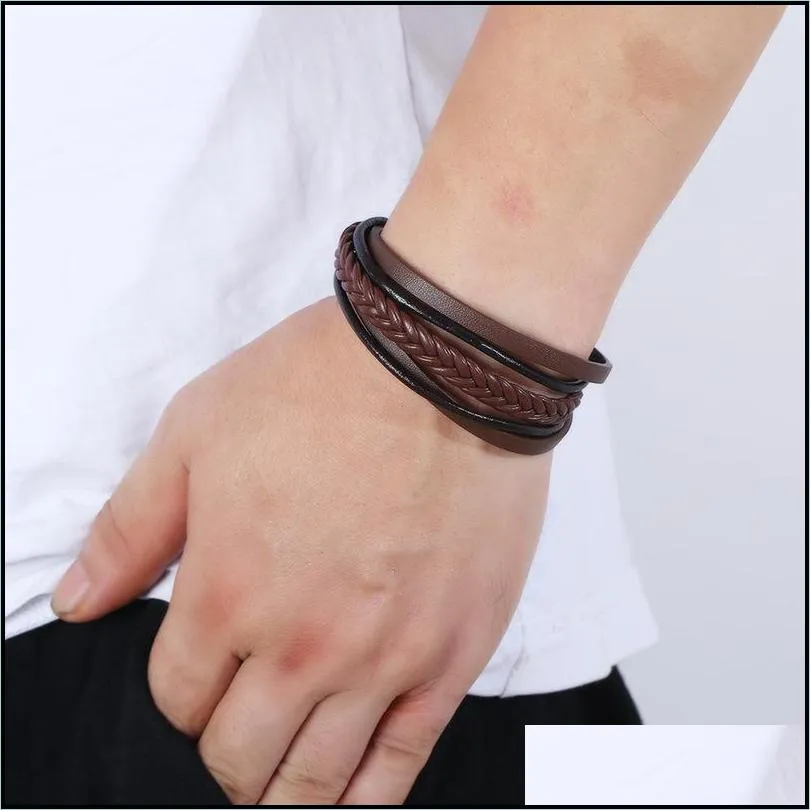 stainless steel clasp bracelets mens leather braided bracelet multilayer fashion jewelry will and sandy gift