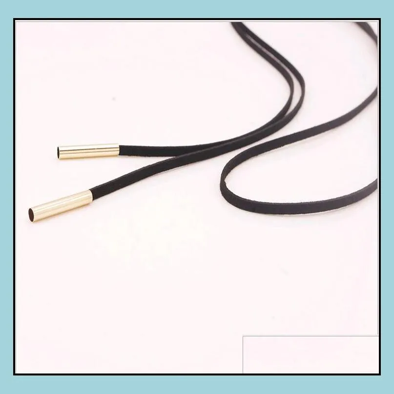 european black leather choker necklace cord for charms hot fashion women long string pendant sweater chain wholesale