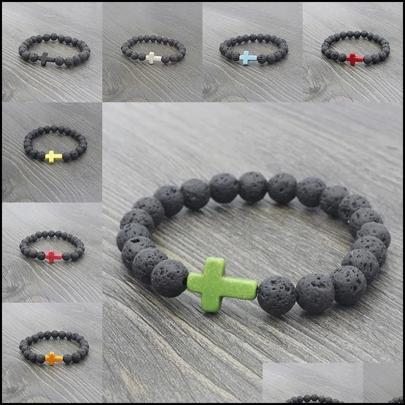 lava stone beaded strand bracelets natural black essential oil diffuser elastic cross bracelet volcanic rock hand strings jewelry