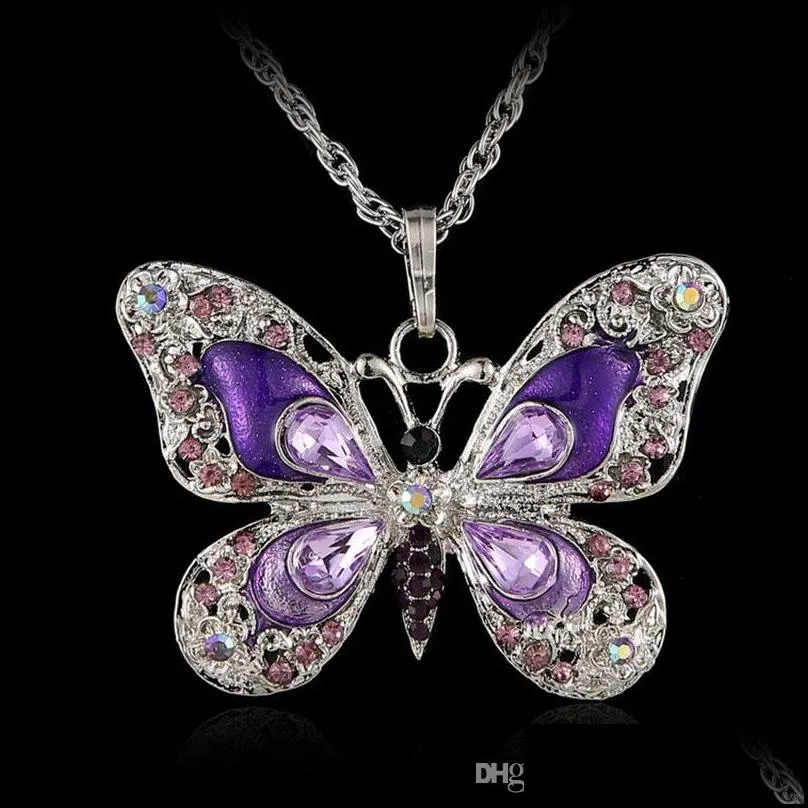 new multicolor crystal butterfly necklace silver shiny butterfly pendant chains jewelry women necklace