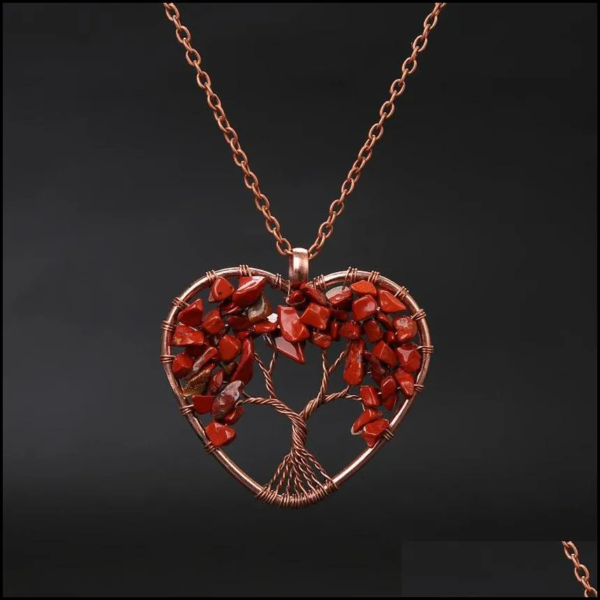 handwork chakra heart pendant necklace wire natural stone beads tree of life necklaces for women children fashion jewelry will and sandy red blue