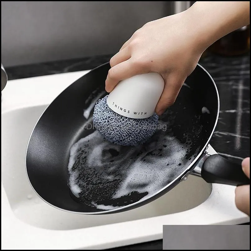 pot cleaning brush steel cleaning ball with handle kitchen cleaning tool steel ball brush decontamination kitchen pan pot brushes