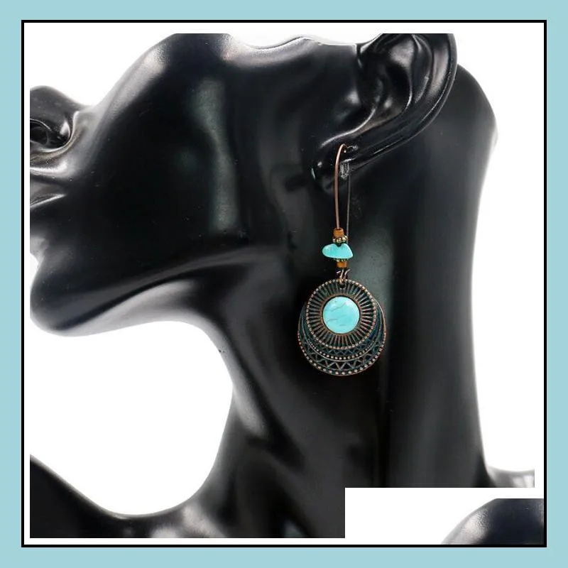 bohemian style turquoise dangle chandeliers earrings exaggerated stone ear hooks hoop earings jewelry manufacturers wholesale