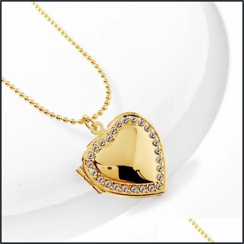 diamond studded heart shaped charms diy floating locket pendant necklace copper gold plated photo box collarbone chain for women