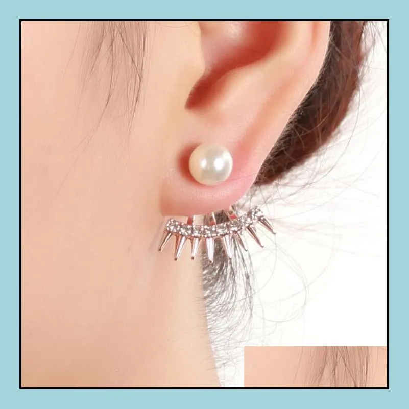 new punk pearl stud front and back two sided pointed diamond studs earrings for women models fashion jewelry manufacturers