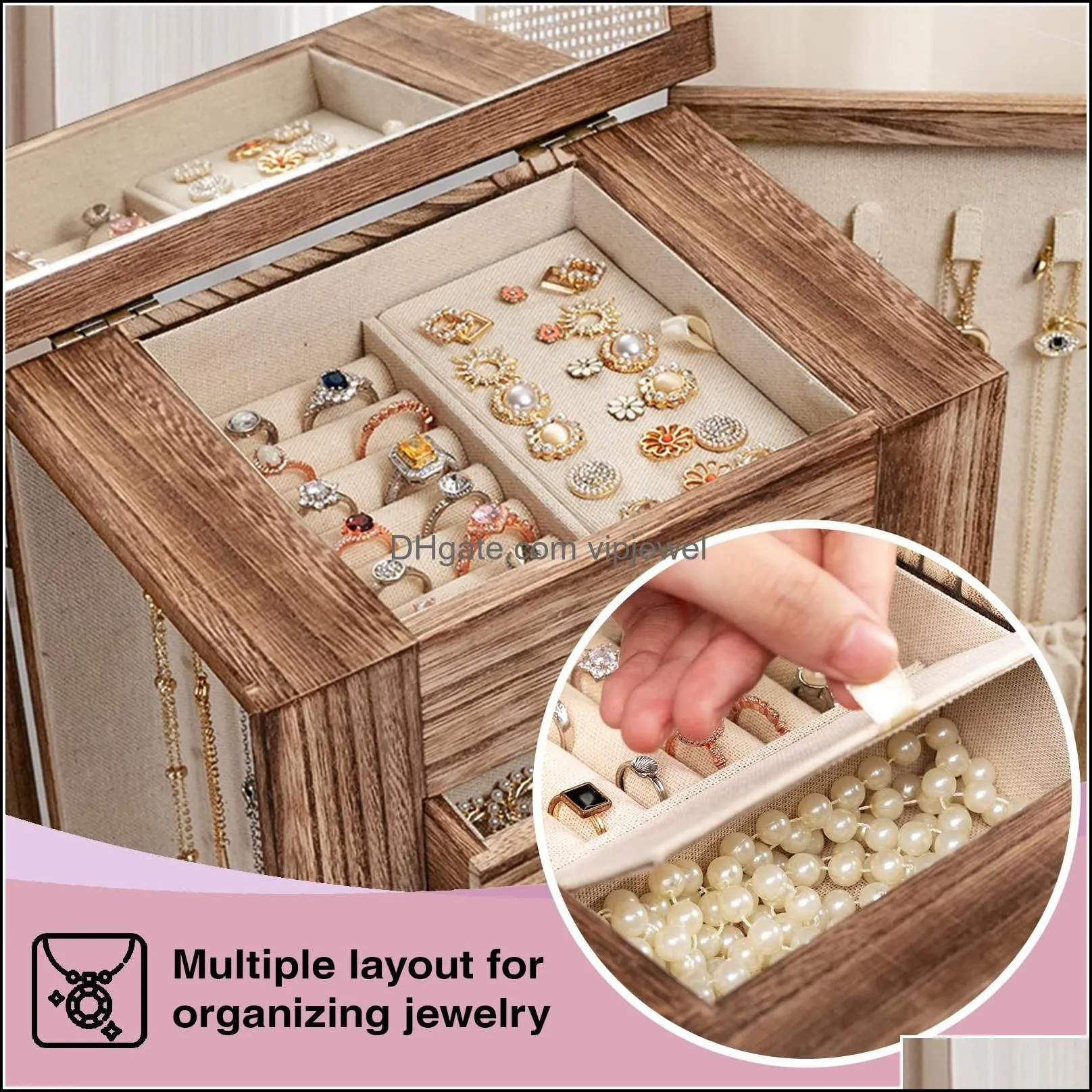 jewelry boxes emfogo box for women 5 layer large wood organizers necklaces earrings rings bracelets rustic organizer with ders and mi