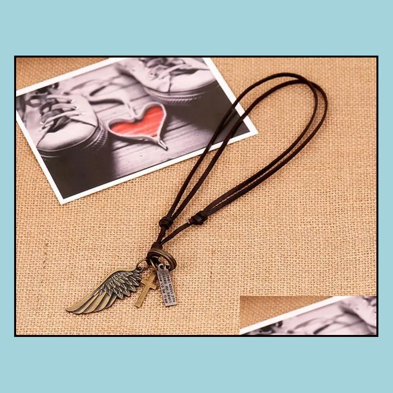 cross angle wings letter pendant necklace european style long leather necklaces for women men fashion jewelry