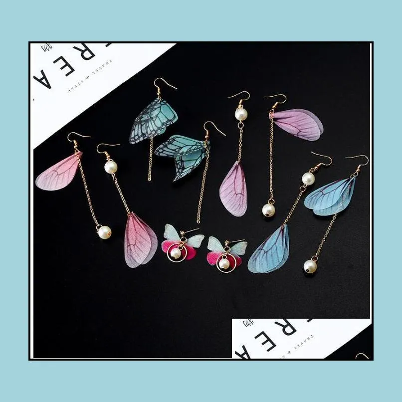 korean earrings retro art handmade pearl tulle butterfly wing ear hook dangle earrings mixed fashion jewelry wholesale