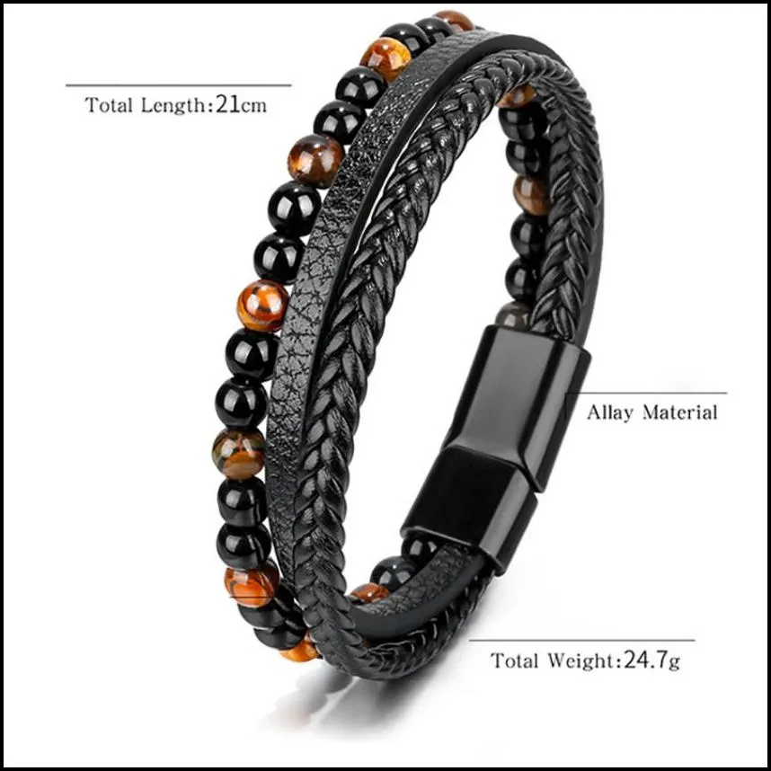 simple leather stone tiger eye beaded strand bracelet bangle cuff wristband braided multilayer wrap bracelets hip hop fashion jewelry