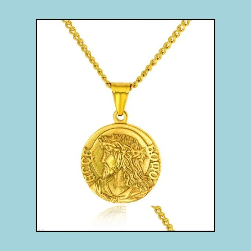 stainless steel virgin mary pendants necklace with gold silver chain for men round coin jesus christ jewelry wholesale