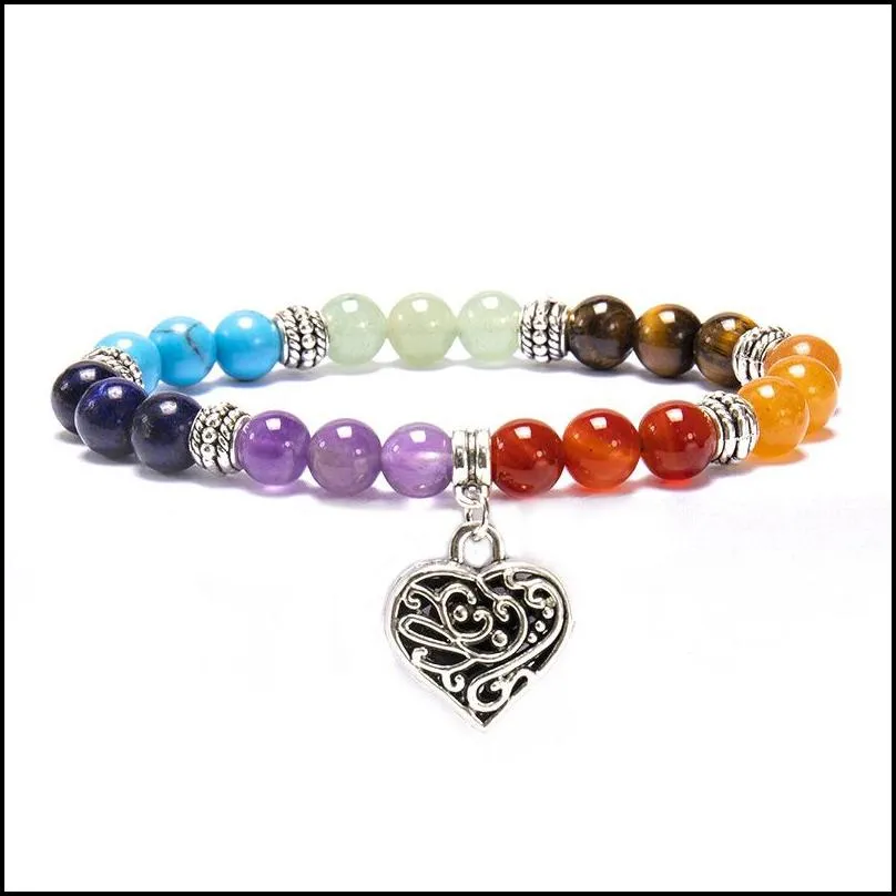 natural stone agate crystal beaded strands bracelet men women peach heart shaped charm seven chakras hand chain bracelets wholesale