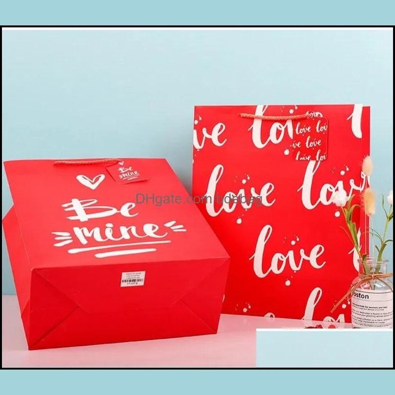 valentine love gift bag red heart printed shopping gift packaging bag white kraft paper small large present wrapping bags