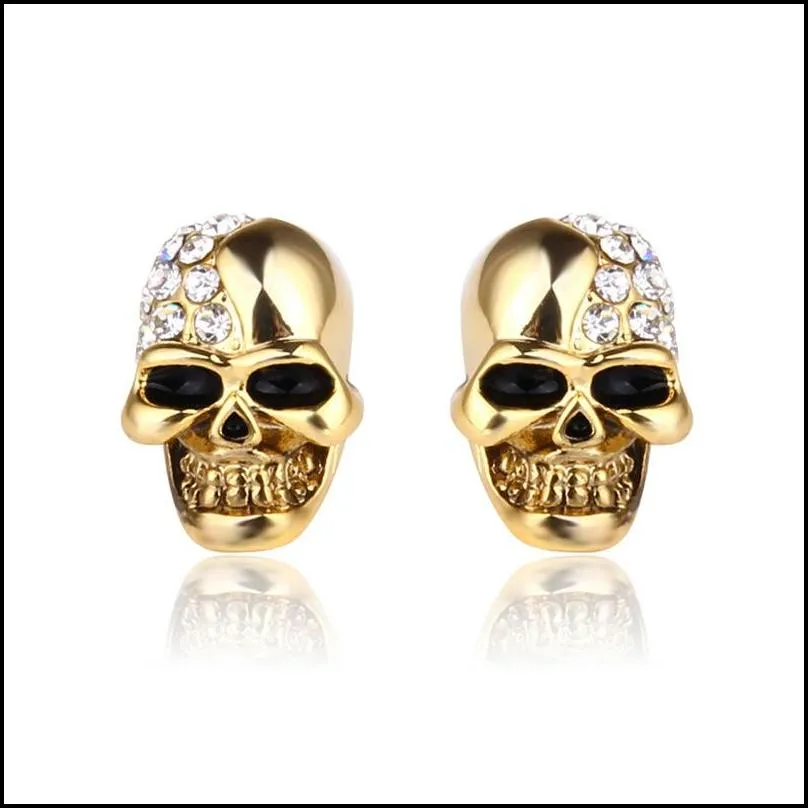 fashion skull ear studs 9mm retro smooth surface rhinestones gold plated earrings for men and women halloween jewelry factory direct