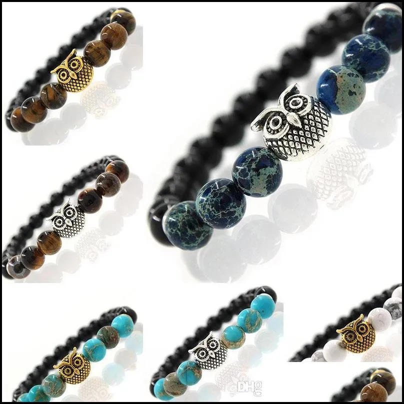 new owl natural stone beads bracelet bangle for men women yoga lava stone jewelry fashion accessories for lovers will and sandy