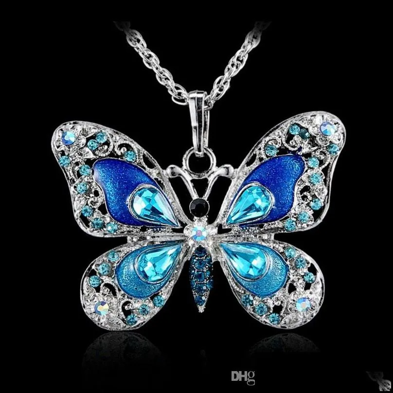 new multicolor crystal butterfly necklace silver shiny butterfly pendant chains jewelry women necklace