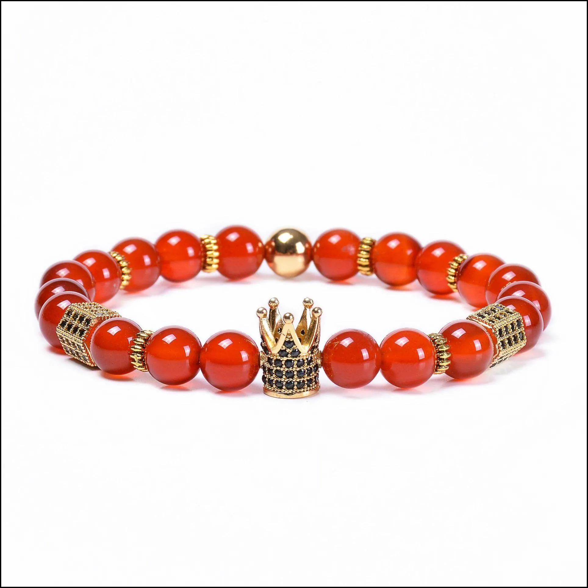 copper microinlaid zircon crown bracelets braided natural stone red agate bracelet bead adjustable strand bracelet for women men fashion jewelry will and