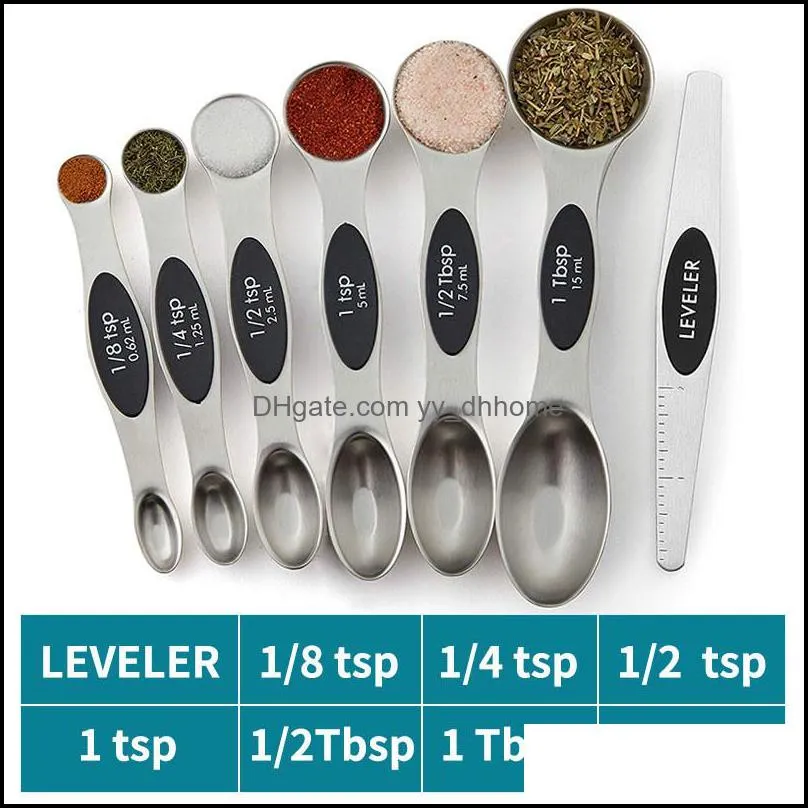 7pcs/set magnetic measuring spoons set with leveler stainless steel doublesided measuring spoons set for cooking baking