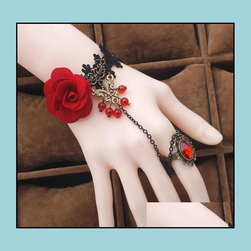 charm bracelets retro red rose lace bracelet finger hand chain harness women metal crystal steampunk lady vintage jewelrycharm kent22