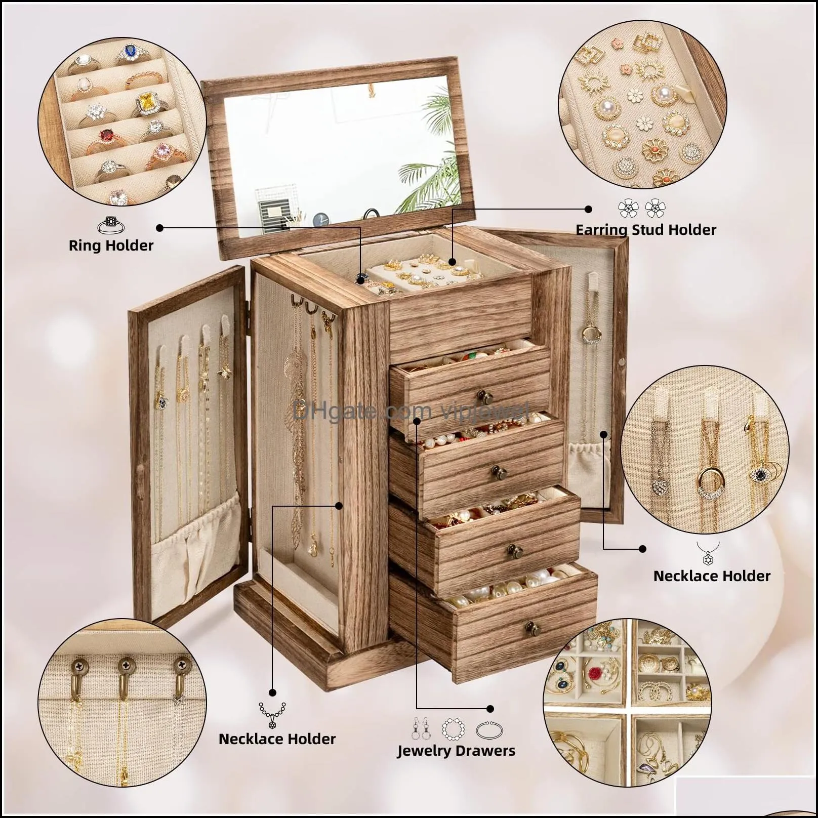 jewelry boxes emfogo box for women 5 layer large wood organizers necklaces earrings rings bracelets rustic organizer with ders and mi