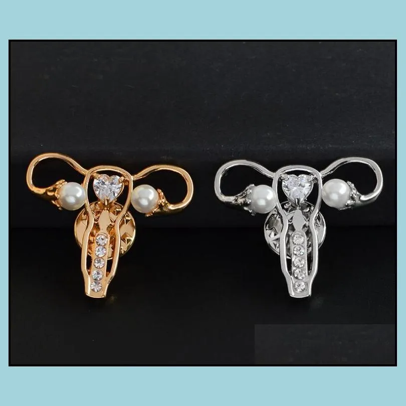 europe human organ modeling alloy brooch pins pearl zircon maternal uterus shirt lapel pin for women