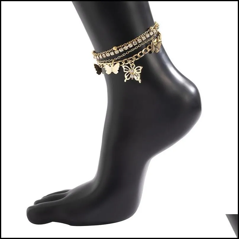 charm silver gold chain tennis anklets bracelet foot multilayer crystal butterlfy anklet for women summer fashion jewelry will and